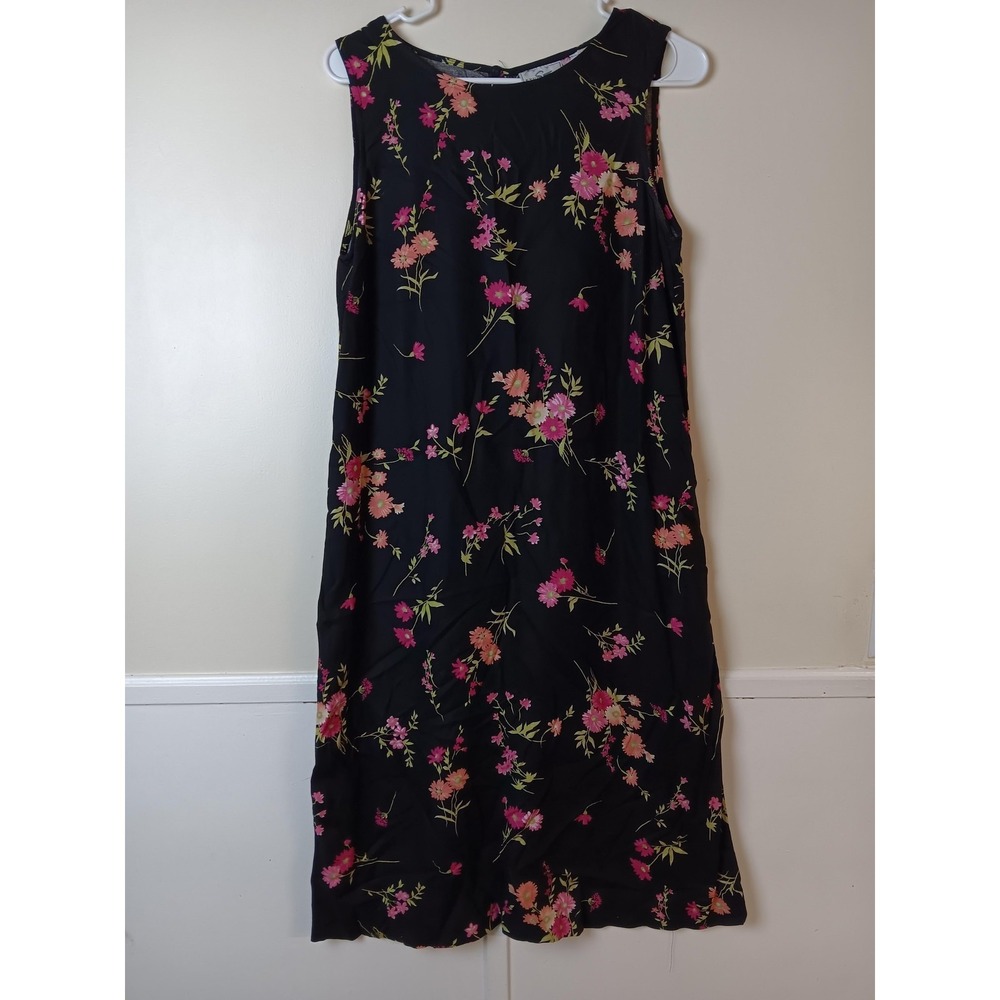 Studio Ease Dress Womens 10P Black Floral Shift Sleeveless Midi Rayon Sundress